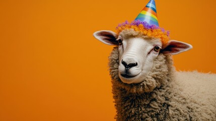 Obraz premium Cute sheep wearing colorful birthday hats on a plain orange background, creating a cheerful, unique and adorable feel for the celebration and humor theme.