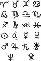 Astrological symbols hand draw line for decoration on sign of zodiac and horoscope concept.