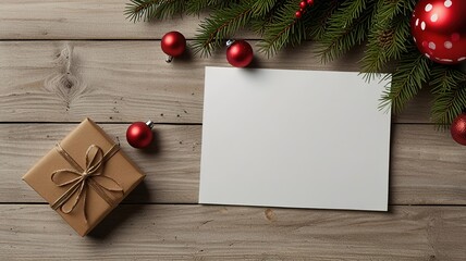 Greeting card christmas mockup with fir tree branches on dark wooden background