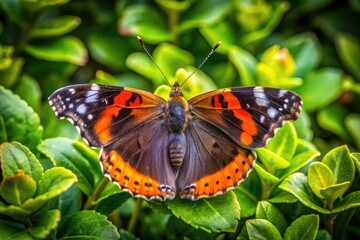 Obraz premium Red Admiral Butterfly Resting on Vibrant Green Plant in Lush New Zealand Nature Setting