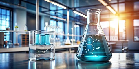 Research and Innovation in Science: Beaker with Chemical Formula in a Modern Laboratory Environment