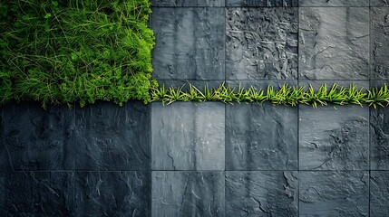 Green grass on a black brick wall background.