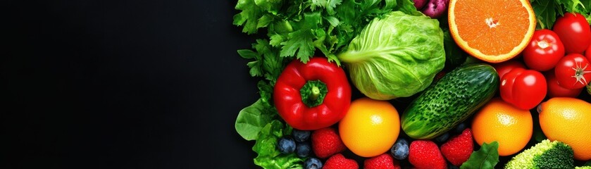 Fresh assortment of colorful vegetables and fruits, vibrant and healthy, isolated on black background.
