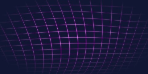 Curved Grid Structure with Purple Lines. Retro tech grid with neon lines. Purple thin grid lines on dark blue background