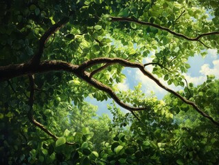 Fototapeta premium Lush green leaves and branches under sunlight, creating a serene and peaceful atmosphere in nature.