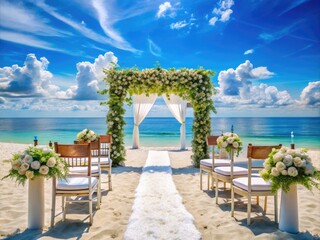Romantic beach wedding setup with floral decorations, altar, and chairs under a clear blue sky