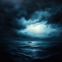 Moody seascape with dark clouds and tranquil waters, showcasing solitude at sea.
