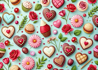 Romantic Valentine Seamless Pattern Featuring Hearts, Flowers, and Sweet Treats for Love Celebrations