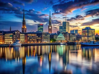 Fototapeta premium Rundes Hamburg Skyline Grafik mit modernen Gebäuden und Wasserlandschaft im Hintergrund der Stadt