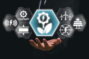 A futuristic representation of energy harvesting with icons for renewable energy sources and sustainable technology, highlighting innovation in green energy solutions.