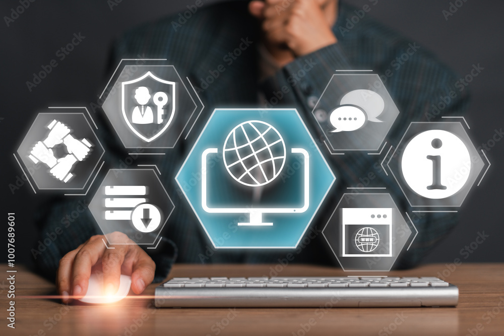 Poster a businessman interacts with a digital interface representing intranet concepts, including security,
