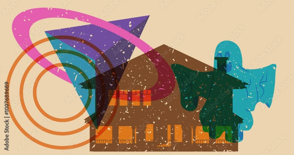 Poster risograph halloween ghost and house with geometric shapes animation. moving object in trendy riso gr