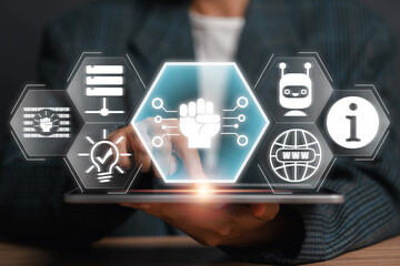 Futuristic digital revolution concept showcasing technology icons and interface on a tablet, symbolizing innovation and progress.