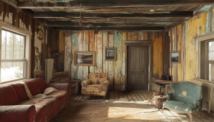Rustic living room with worn furniture and wood paneling. © musa