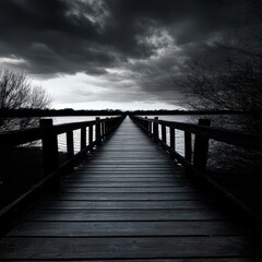 Fototapeta premium A serene wooden pier extending into a calm dark lake under stormy clouds.