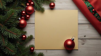 Greeting card christmas mockup with fir tree branches on dark wooden background