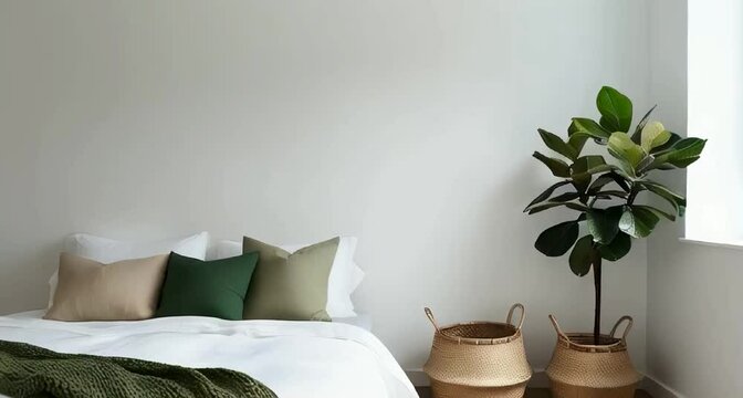 Modern, minimalist bedroom with a neutral color palette. The layout features a bed with white sheets and a green knit blanket, complemented by green and beige pillows
