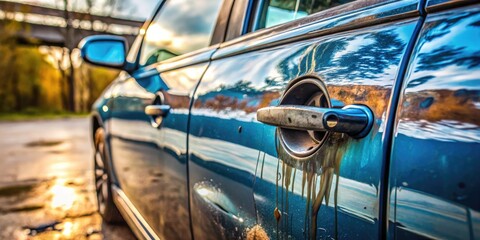 Scratched Car Paint with Blurred Door Handle and Tire in the Background of a Vehicle Scene