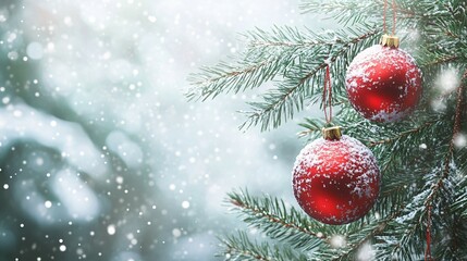 Obraz premium Two Red Christmas Ornaments Hanging on Snowy Pine Branch