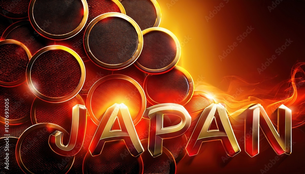 Poster japan: symbolic golden text over circular patterns