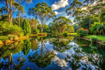 Serene Eucalyptus Pond Reflection Surrounded by Lush Greenery in Gold Coast Botanical Gardens