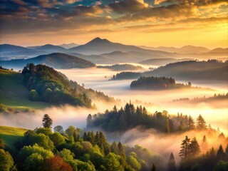 Serene Foggy Morning Landscape with Soft Light and Misty Hills in the Background for Tranquility