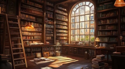 A sunlit library with a ladder, bookshelves, and a large window.