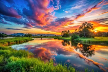 Serene Landscape at Dusk with Vibrant Sky and Peaceful Nature Elements Evoking Gratitude and Calmness