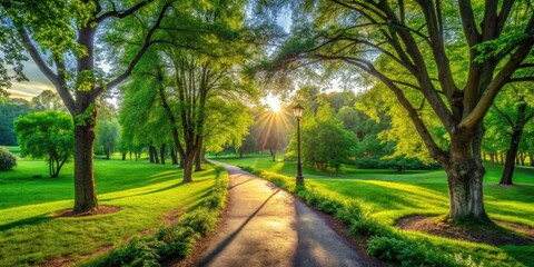 Serene Landscape Path Through Lush Green Park Surrounded by Trees and Vibrant Nature's Beauty