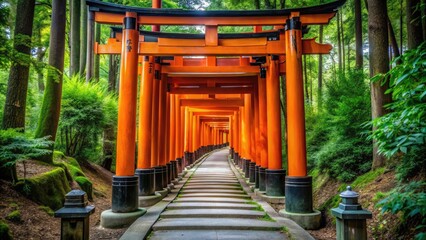 Serene Pathway of Torii Gates at Fushimi Inari Taisha Shrine Surrounded by Lush Greenery in Kyoto