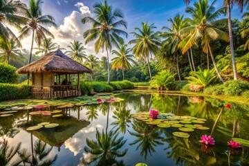 Serene tropical oasis featuring water lilies, palm trees, and a traditional hut by a tranquil pond