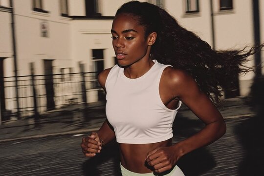Focused Runner in Urban Street at Sunset with Determined Expression and Flowing Hair