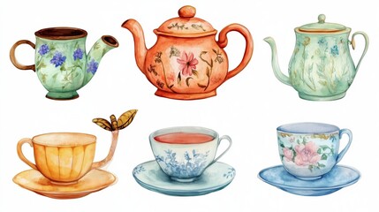 Colorful collection of ceramic tea pots and cups with delicate floral patterns displayed on a light background