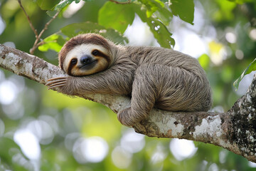 Fototapeta premium Sloth, funny animal hanging on tree