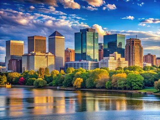 Obraz premium Skyscrapers and skyline views from the Virginia side of the Potomac River near Washington D.C.