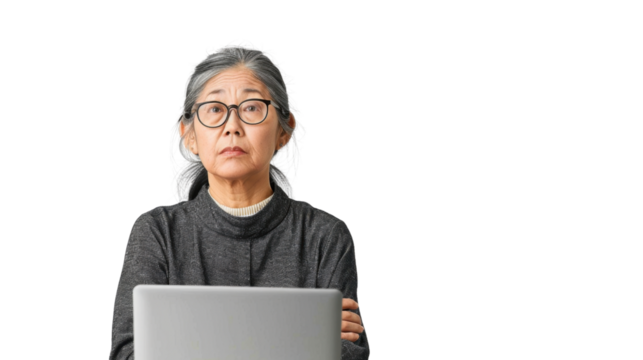 Middle-aged Asian female entrepreneur working on laptop on white background