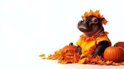 Hippo in autumn attire with pumpkins and leaves, white isolate background.
