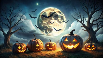 Spooky Halloween Illustration with Pumpkins, Ghosts, Bats, and a Full Moon in the Dark Sky