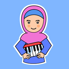 Cute Cartoon Girl Playing Toy Keyboard in Hijab. Vector Illustration. Suitable for Adorable Stickers and Musical Performance Content
