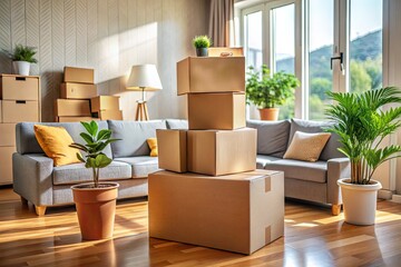 Stacked cardboard boxes in a cozy living room during moving day at a newly purchased home