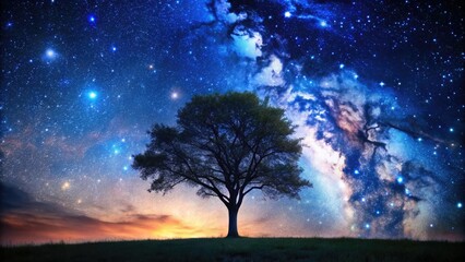 Starry Night Sky with Majestic Tree Silhouette Against a Backdrop of Twinkling Stars and Serenity