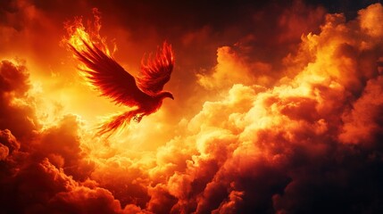 Majestic phoenix soaring through fiery clouds against a dramatic backdrop.