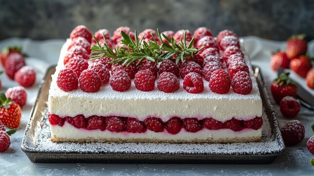 A white rectangular cake decorated with brightly colored raspberries and strawberries along the edges. Rosemary is placed to add a delicate touch.