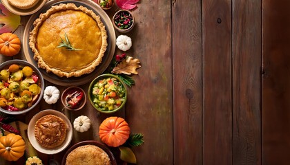Fototapeta premium Delicious autumn feast featuring savory pot pie and seasonal dishes arranged on a rustic wooden table. Generative AI