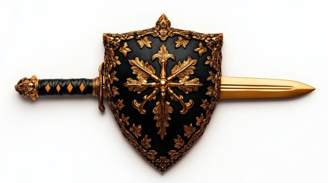 recommend clip art: Ornate sword and shield, detailed design, white isolated background.
