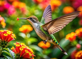 Fototapeta premium Striped Moth Hummingbird Hovering Near Vibrant Flowers in a Lush Tropical Garden Setting