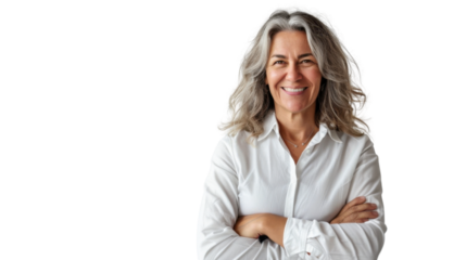 Middle-aged Caucasian female business coach, arms crossed, smiling confidently on white background