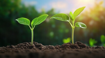 Two young plants sprouting from dark soil under sunlight.