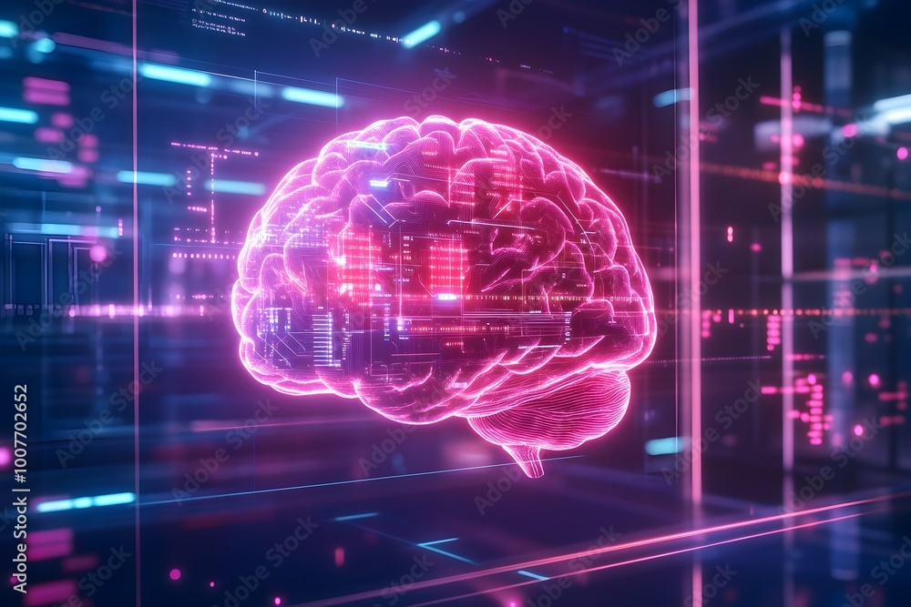 Poster holographic brain projection showcasing futuristic data analytics and neural connections