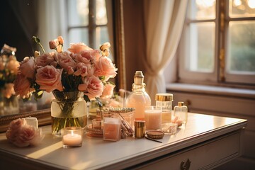 Charming makeup vanity with cosmetics, brushes, and soft lighting for a cozy atmosphere